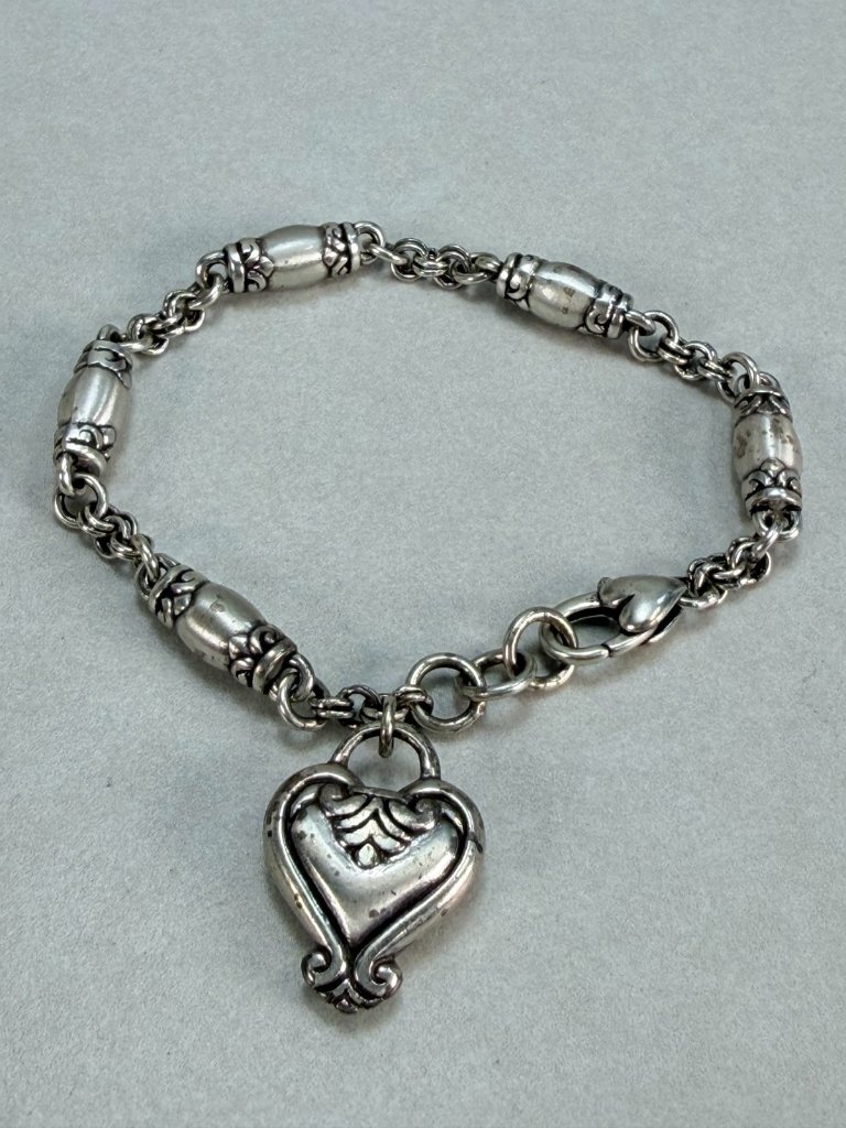 Retired Brighton Blair Heart Barrel Link Silver Plate Charm Bracelet 6.5"